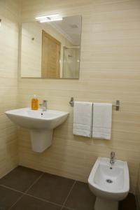 a bathroom with a sink and a toilet and a mirror at Alojamiento Caldas de Reis in Caldas de Reis