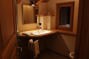 een badkamer met een wastafel en een spiegel bij Le jardin de Pierre in Nus