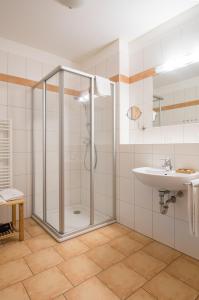 a bathroom with a shower and a sink at Waldbothgut in Linz