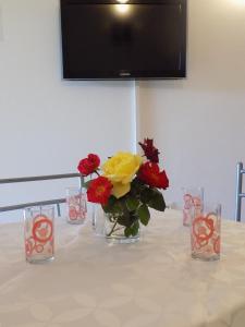 um vaso de flores numa mesa com uma televisão em Apartment Lopar 25 em Lopar