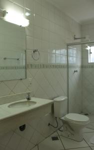 a bathroom with a toilet and a sink and a mirror at Hotel Barão Do Rio Branco in Bebedouro