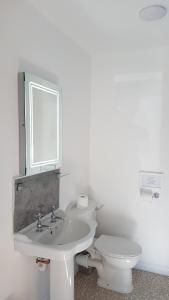 a white bathroom with a sink and a toilet at Cottages Lyndale Farm in Flashader