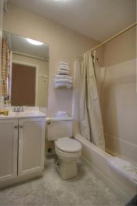 a bathroom with a toilet and a tub and a sink at Cape Ann Motor Inn in Gloucester