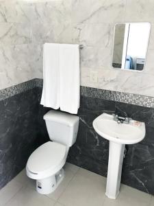La salle de bains est pourvue de toilettes blanches et d'un lavabo. dans l'établissement Mona Inn, à Mazatlán