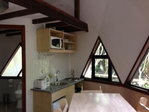eine Küche mit Spüle und zwei Fenstern in einem Haus in der Unterkunft Cuyinco Domos in Riñinahue