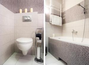2 Bilder eines Badezimmers mit WC und Badewanne in der Unterkunft Cracow Stay Apartments in Krakau