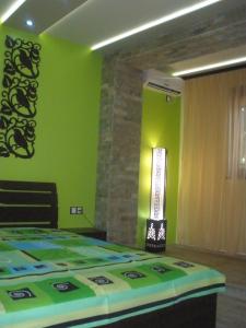 a room with a bed with a green wall at Comfort Guest Rooms in Pleven