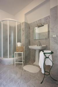 uma casa de banho com um lavatório, um chuveiro e um espelho. em Palazzo Brigido em Trieste