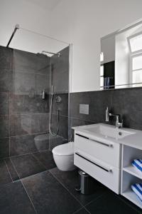 uma casa de banho com um lavatório, um WC e um chuveiro em Badhotel Bad Brückenau em Staatsbad Brückenau