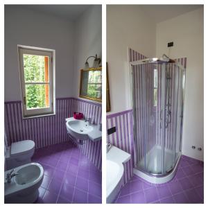 een badkamer met een douche, een toilet en een wastafel bij B&B Al Boschetto in Nemoli