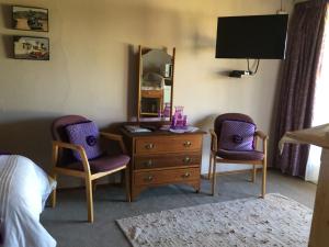 a bedroom with two chairs and a dresser and a mirror at De Sandsteen Gastehuis in Warden