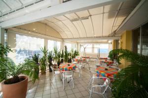 a restaurant with tables and chairs and plants at Hotel Erika in Rimini
