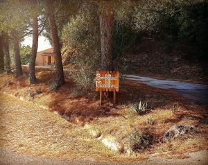 a sign on the side of a road next to a forest at Sonnellino in Maremma in Massa Marittima