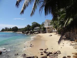 una playa con rocas y palmeras y una casa en Bliss Boutique Hotel Seychelles, en Glacis