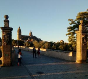 um grupo de pessoas andando em uma ponte com um castelo ao fundo em Littore Tormes Alojamiento, Parking gratis y Piscina em Salamanca