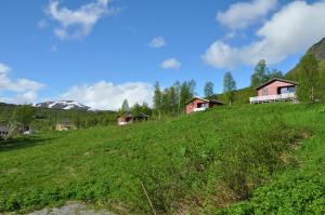 eine Gruppe von Häusern auf einem Grashügel in der Unterkunft Liseth Pensjonat og Hyttetun in Eidfjord