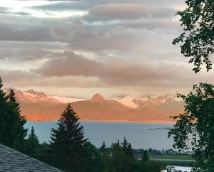 a view of a lake with mountains in the distance at Halcyon Heights B&B/Inn in Homer