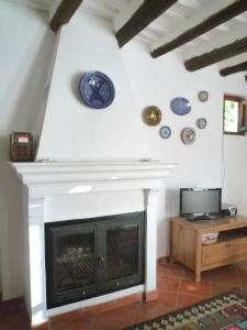 una sala de estar con chimenea y platos en la pared en Casita Buena Vista, en Bubión