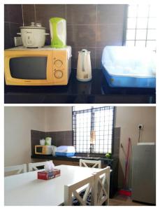 two pictures of a kitchen with a microwave and a table at HR Iman Homestay in Dungun
