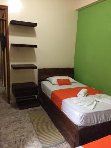 1 dormitorio con 2 camas y pared verde en ApartaHotel Tierras Amazonicas, en Leticia