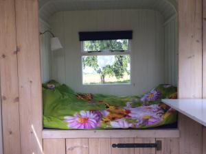 ein Blumenbett in einem Zimmer mit Fenster in der Unterkunft Sitting at the Bay in Zuiderwoude