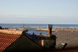 Blick auf das Meer vom Dach eines Hauses in der Unterkunft Lupine Cottage in Whitby