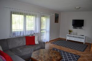 uma sala de estar com um sofá e uma televisão em Dom na Mosornym Groniu em Zawoja