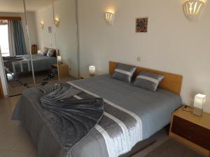 フェラグドにあるVila Gaivota Mare Azurのベッドルーム(大型ベッド1台、鏡付)