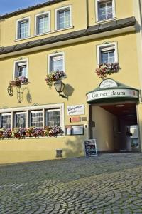 a yellow building with flower boxes on the front of it at Hotel Grüner Baum in Naila