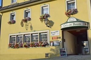 a yellow building with flower boxes on the windows at Hotel Grüner Baum in Naila