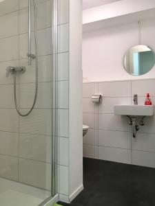 y baño con ducha y lavamanos. en Ruhige Wohnung in zentraler Lage Tübingens en Tübingen