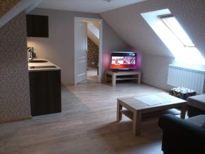 a living room with a skylight and a kitchen with a tv at ReeDe Villa in Otepää