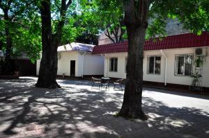 two trees in front of a building with tables and chairs at Old Courtyard Hostel in Odesa