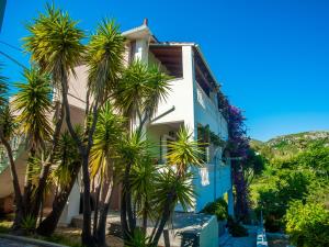 a building with palm trees in front of it at Eleni's Studios in Katelios