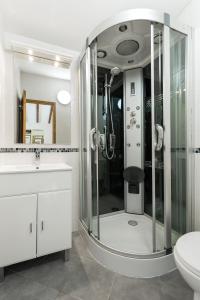 a bathroom with a shower with a sink and a toilet at Apartment Mazot Loppe in Chamonix-Mont-Blanc