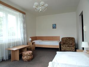 Habitación de hotel con cama y silla en Penzion Horinka Velké Losiny, en Velké Losiny