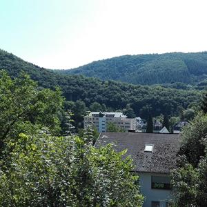a view of a house with a mountain in the background at Haus Schönblick in Bad Bertrich