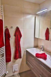 baño con albornoces rojos en la pared y lavamanos en Wildhaus Weiherhof, en Wildhaus