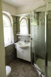 a bathroom with a sink and a glass shower at Ferienwohnung Fessler in Weil am Rhein