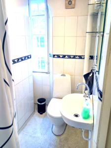哥本哈根的住宿－Central Danish apartment，一间带卫生间和水槽的浴室
