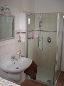a bathroom with a sink and a shower at Villa Fleurie in Schledehausen