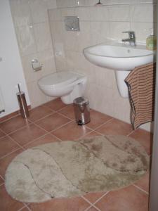 a bathroom with a sink and a toilet and a rug at Villa Fleurie in Schledehausen