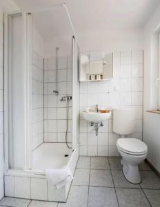 a bathroom with a toilet and a shower and a sink at Hotel Goldener Hahn in Duisburg
