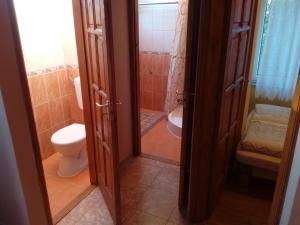 a bathroom with a toilet and a shower and a door at Éva vendégház Guesthouse in Hajdúszoboszló