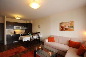 a living room with a couch and a table and a kitchen at Alpe-Adria Apartments in Oberaichwald