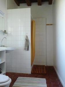 a bathroom with a shower with a toilet and a sink at Gîte Le Tremblay in Thianges