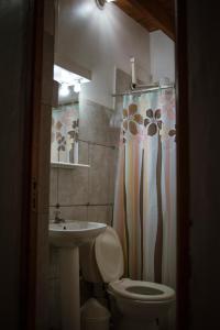 a bathroom with a toilet and a sink and a shower curtain at Arboleda in Jardín América