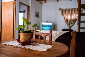 uma mesa de madeira com um vaso de plantas em cima em Arboleda em Jardín América