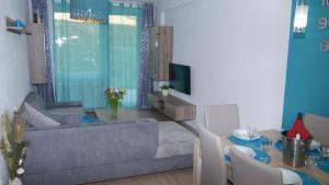 salon z kanapą i stołem w obiekcie Všemina Apartman w mieście Lužkovice