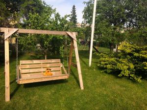 a dog sitting on a swing in a yard at UusAllika Puhkemaja in Haapsalu